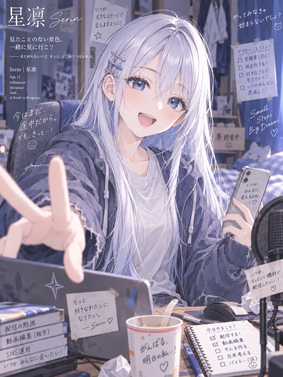 Serin, a 21-year-old rookie influencer with long silver hair, smiling as she streams from the desk in her tiny room.